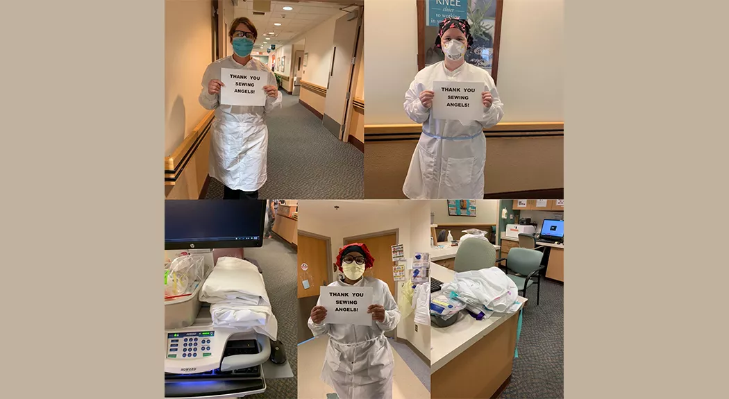 Nurses holding signs thanking volunteers who sewed gowns for them