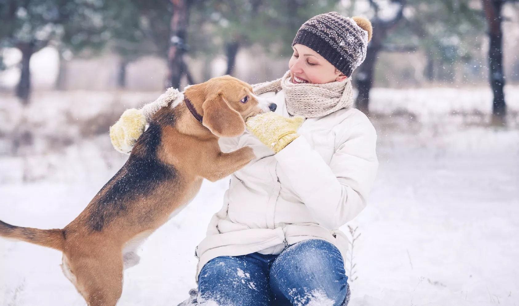 Woman walks dog in cold weather